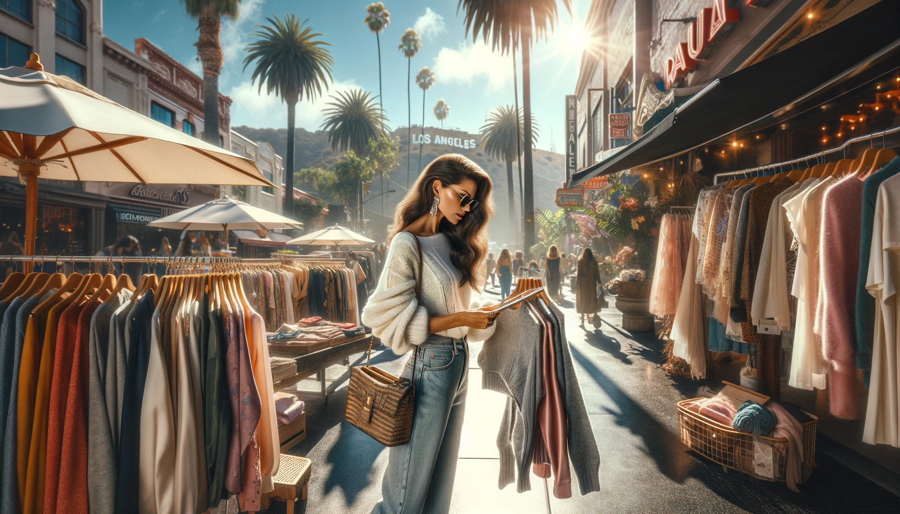 a stylish woman shopping for clothing in the vibrant heart of Los Angeles, California